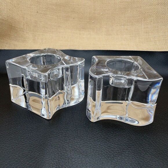 Orrefors Sweden Crystal Candle Holders Clear Heavy Puzzle Piece Votives Set of 2 - Picture 3 of 11